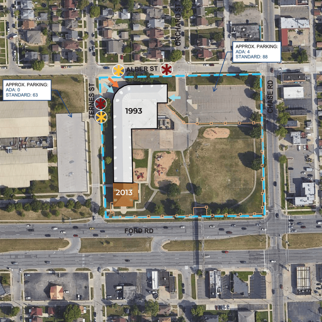 An illustration of the years different sections of William Ford Elementary were constructed including 1993 and 2013.